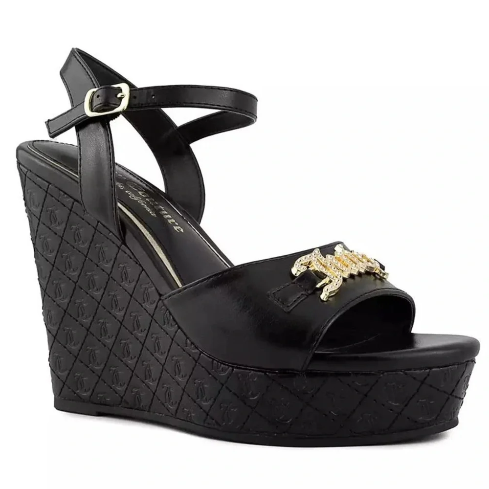 Black‎ Wedge Sandals with Gold Accent